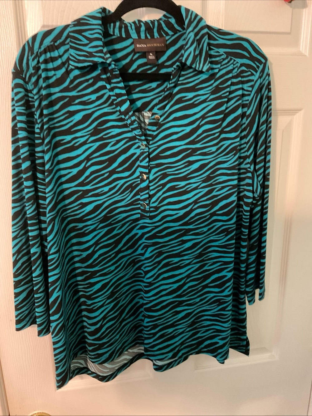 Dana Buchman Teal and Black Zebra-Print Polo Blouse